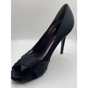 ABS Allen Schwartz Black Satin w/Crystal Heel Stiletto Pumps Heels Size 9